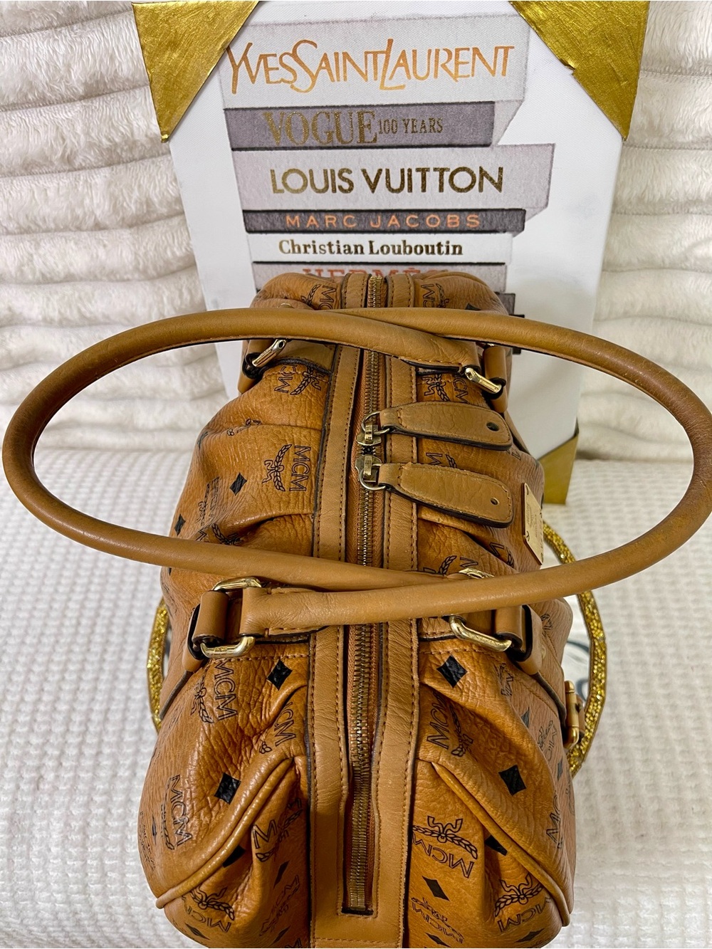 MCM Cognac Visetos Monogram Barrel Tote/Satchel Bag - Picture 4 of 15